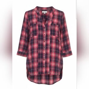 Knox Rose Boho Red Plaid High-Low Flannel Tunic Shirt - Large Eclectic Grunge